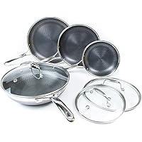 HexClad 7-Piece Hybrid Stainless Steel Cookware Set with Lids and Wok - Metal Utensil and Dishwasher Safe, Induction…