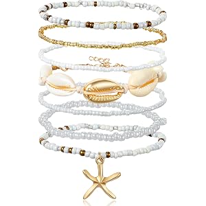 FRCTLNKG 7PCS Shell Bracelets, Stackable Beachy Bracelets for Women | Boho Beaded, Summer Jewelry, Gift Set