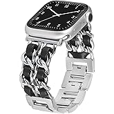 LOFOV Compatible With Apple Watch Band for Woman 38mm 40mm 41mm, Metal Strap Leather Over Gold Chain Cowboy Style Replacement iWatch Series 9 8 7 6 5 4 3 2 1 SE (Silver Link with Black Leather)