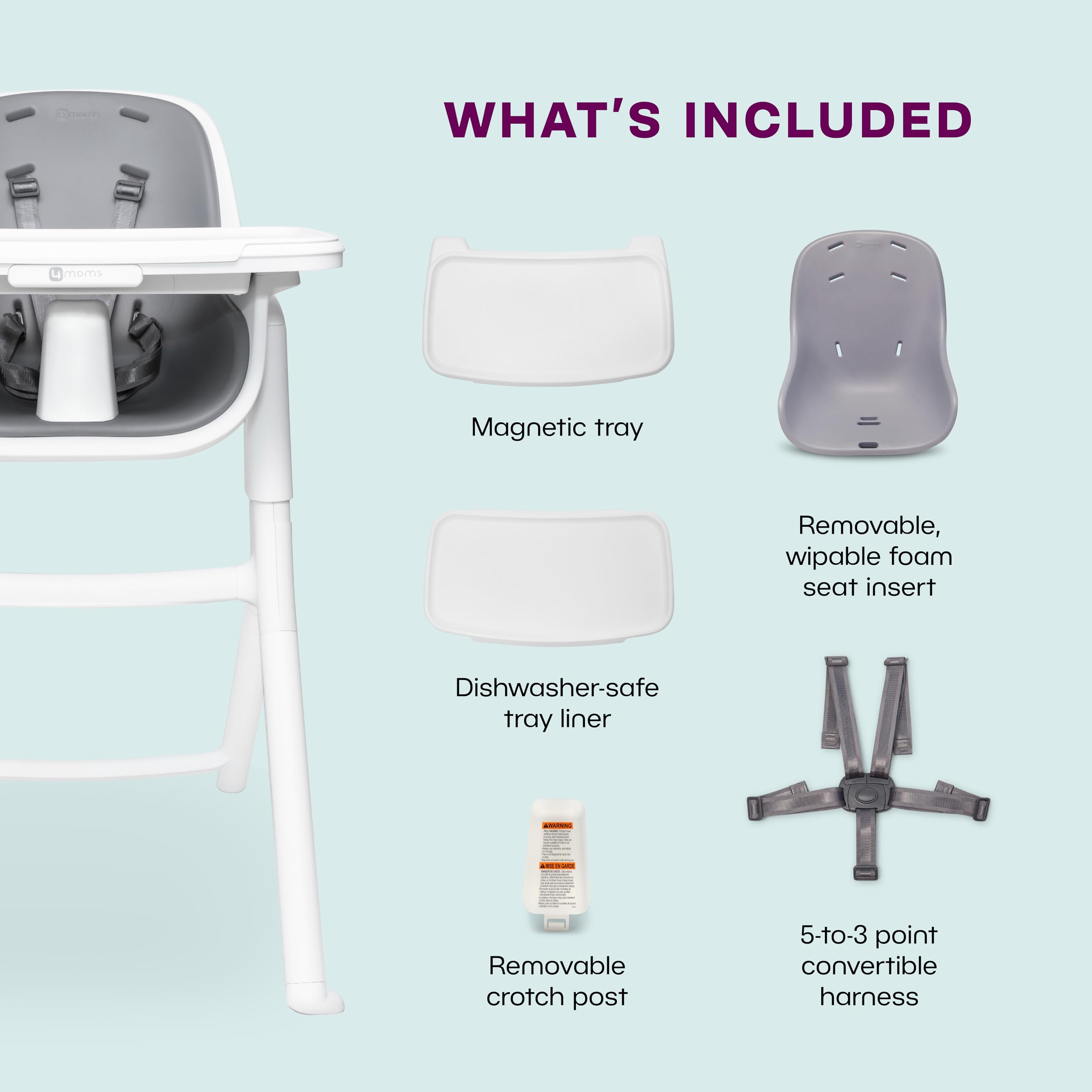 4moms Connect High Chair, One-Handed Magnetic Tray Attachment, White/Grey