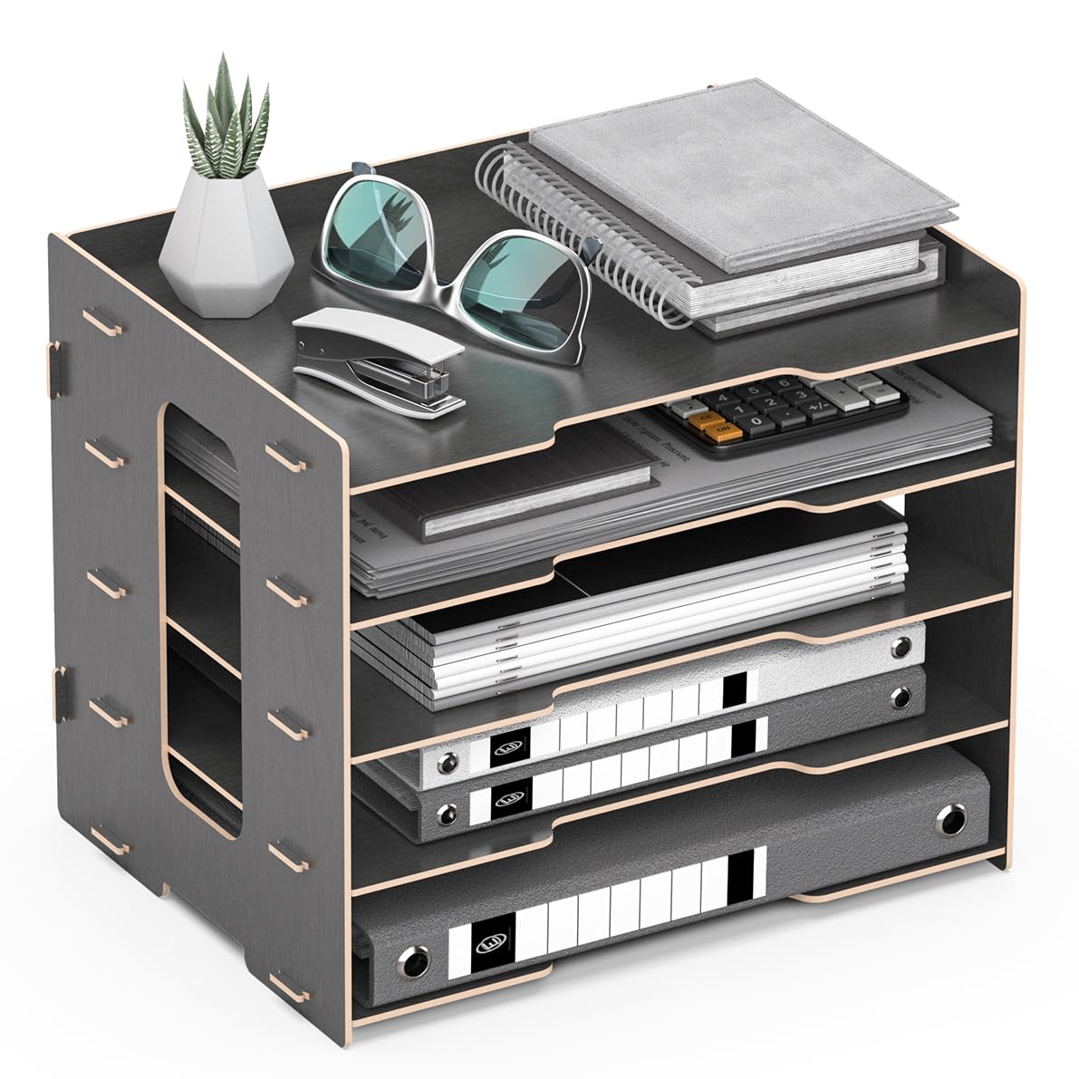 Lesfit Wooden Desk Organiser Tray, Office Storage Solution with 5 Tiers, Black