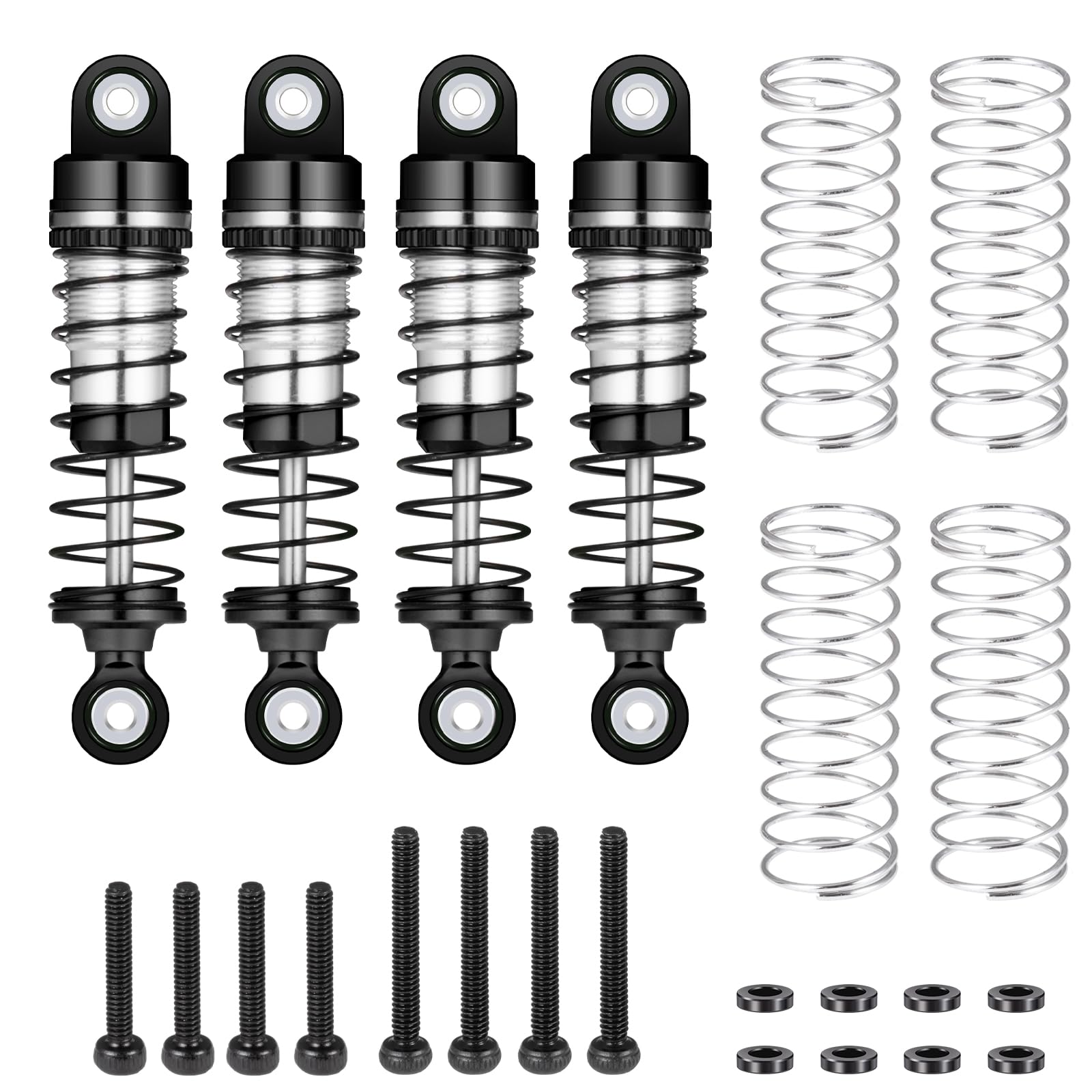 Photo 1 of 4Pcs JGGZONE All Aluminum Front & Rear Shocks Assembled Threaded Oil-Filled Damper Shocks with Spring for 1/18 RC Crawler FMS FCX18 LC80 Upgrade (Black)