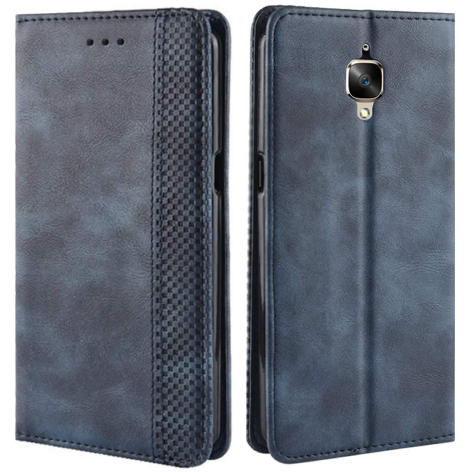 HualuBro OnePlus 3T Case, OnePlus 3 Case, Retro PU Leather Wallet Flip Folio Shockproof Phone Case Cover with [Kickstand] [Card Slots] [Magnetic Closure] for One Plus 3 / OnePlus 3T (Blue)