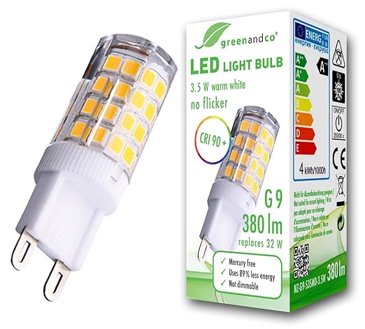 greenandco® CRI90+ LED Lampe flimmerfrei ersetzt 32W G9 3,5W 380lm 3000K warmweiß 300° 230V, nicht dimmbar, 2 Jahre Garantie