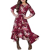 KYMIDY Girls Floral Maxi Dress Kids 3/4 Sleeve Boho Casual Pocket Ruffle Swing Dresses with Belt for Girls 6-12 Years