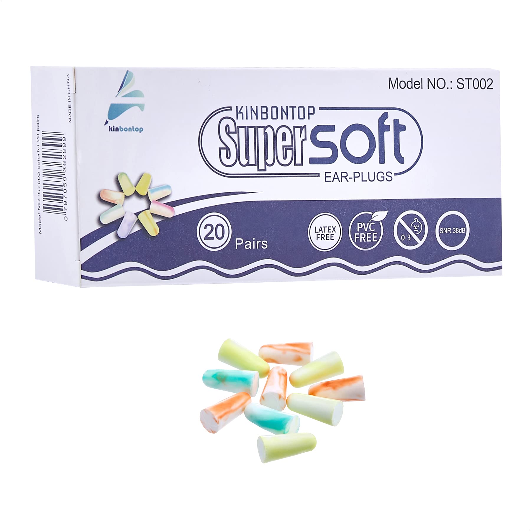 Kinbontop Soft Foam Ear Plugs, 38dB SNR, Noise Reduction, Hearing Protection - Mixed Colour (20-Pack)