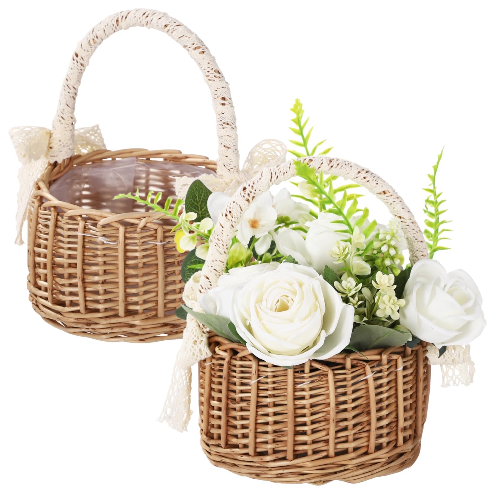 Photo 1 of 2 Pcs Flower Girl Basket,Small Wicker Baskets with Handle,Rattan Flower Girl Basket Set,Multi-Purpose Decorative Storage Organizer,Handmade for Weddings,Parties,Home Decor