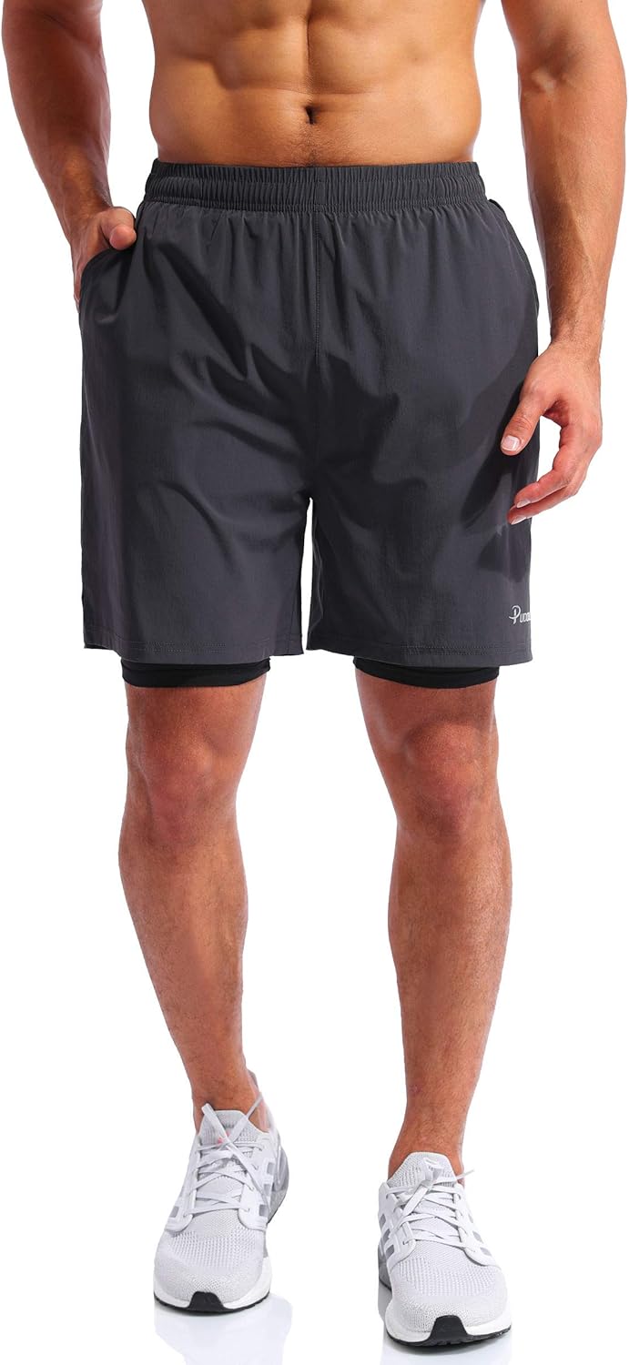 Pudolla Men’s 2 in 1 Running Shorts 7" Quick Dry Gym Athletic Workout Shorts for Men with Phone Pockets: Clothing