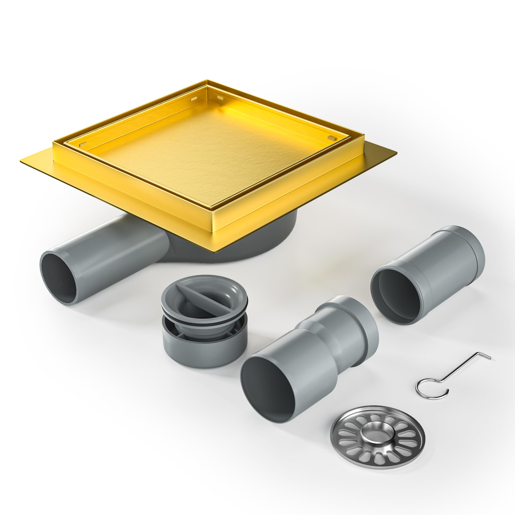 Bernkot Shower Drain Square 15 x 15 cm, 360° Siphon with Odour Stop and Hair Strainer 2-in-1 Tilable Stainless Steel Drain Channel Floor Drain Shower Drain Very Flat DN50 DN40, Gold
