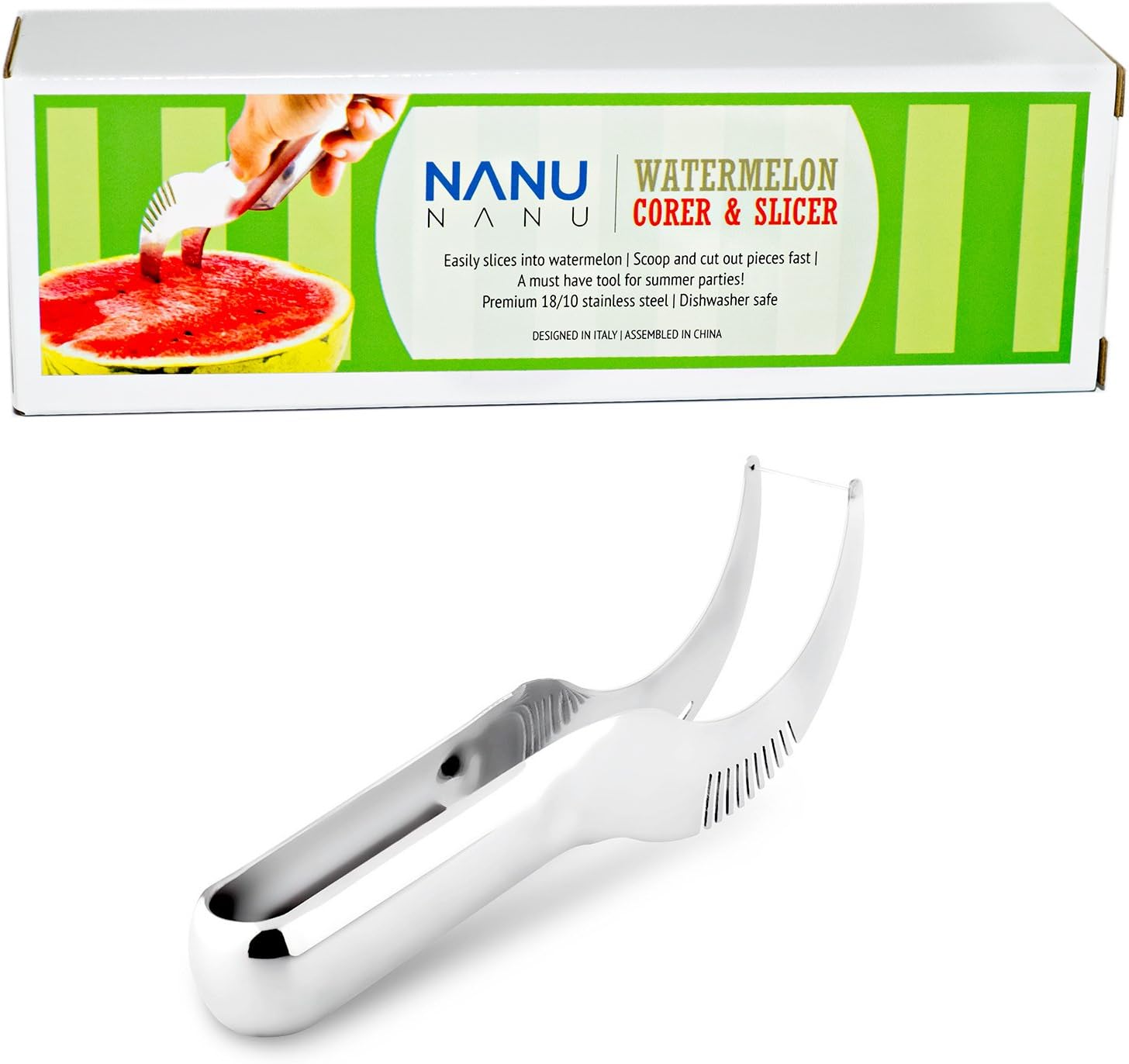 304 Stainless Steel Watermelon Slicer Knife, Melon Slicer Corer Server Knife Cutter Tongs, Stainless Steel , Durable, Easy To Use and Easy To Clean(1 Pack, Squeezable Head Patent Pending Design)