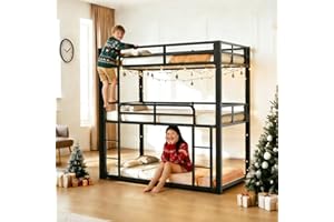 Mixcous Heavy Duty Triple Bunk Bed, Twin Over Twin Over Twin Metal Bunkbeds with Ladder, Family-Friendly for All Ages, Bedroom, No Box Spring Needed, Easy Assembly, Black