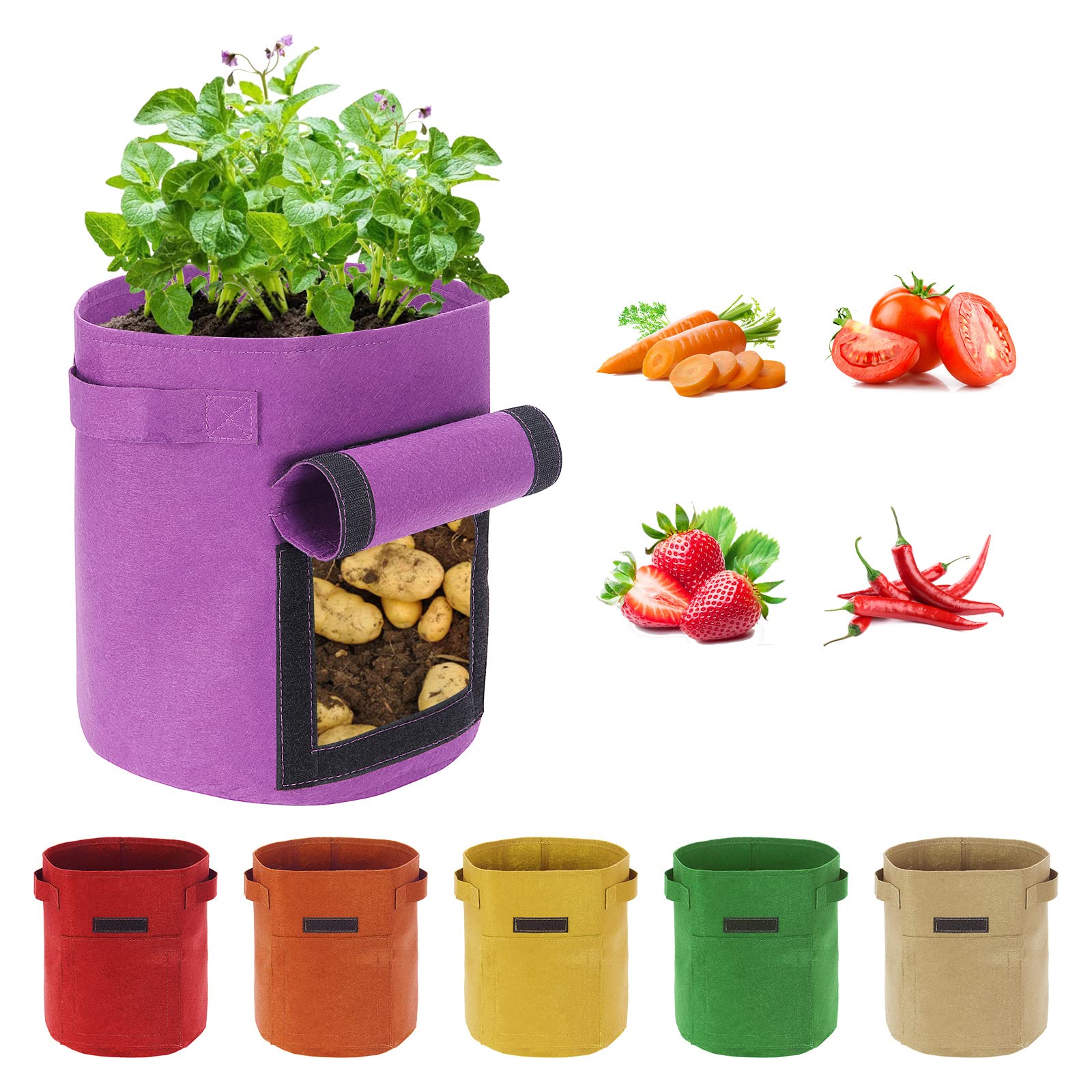 Ohiyoo Potato Grow Bags 15 Gallon, 6 Pack Vegetable Growing Bags with Handles and Window Flap, Garden Multicolor Breathable Felt Fabric Plant for Potatoes Vegetables Tomato Carrot Onion