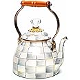 MACKENZIE-CHILDS Enamel Tea Kettle, Stylish Tea Kettle for Stovetop, Grey-and-White Sterling Check, 2 Quarts