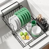 Kitsure Expandable in-Sink or Over-Sink Dish Drying Rack, Large, Black | Rust-Resistant Dish Rack for Kitchen Counter, Dish Drainer with Cutlery Holder, 16.9"-20.6" L x 10.7" W x 4.17" H