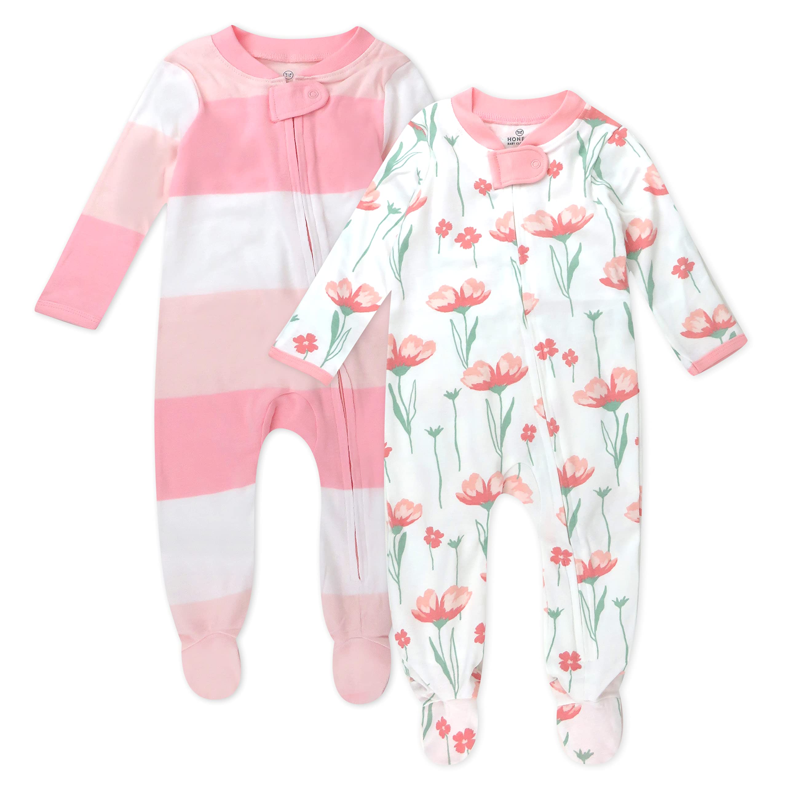 HonestBaby Sleep and Play Footed Pajamas One-Piece Sleeper Jumpsuit Zip-front PJs 100% Organic Cotton for Baby Girls, Jumbo Ombre Stripe Strawberry Cream, Newborn