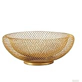 IBWell Metal Wire Woven Fruit Storage Bowl Basket for Kitchen, Large Black Mesh Fruit Stand, for Apple, Pineapple, Banana, Orange, Lemon, Pear, Strawberry, Watermelon (Gold, Small)