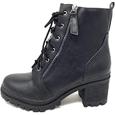Soda Indiana Women's Faux Leather Lace Up High Chunky Heel Ankle Booties