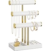 bussdis 3 Tier Bracelet Holder Display - White Leather Bracelet Holder, Detachable T Bar Jewelry Holder Organizer for Bracelet, Necklace, Earrings, Rings, Watches, Bangle