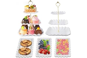 5 Pack Dessert Table Display Set, 2 Sets 3 Tier Cupcake Stand, 3 Pcs Food Serving Trays, Tiered White Plastic Cup Cake Tower 