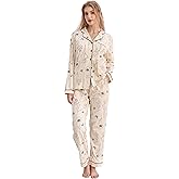 NAP BOUND 100% Cotton Pajamas for Women 2 Piece PJs Set Poppy Lines L Long Sleeve with 3 Pockets Sleepwear (YSHD,L)