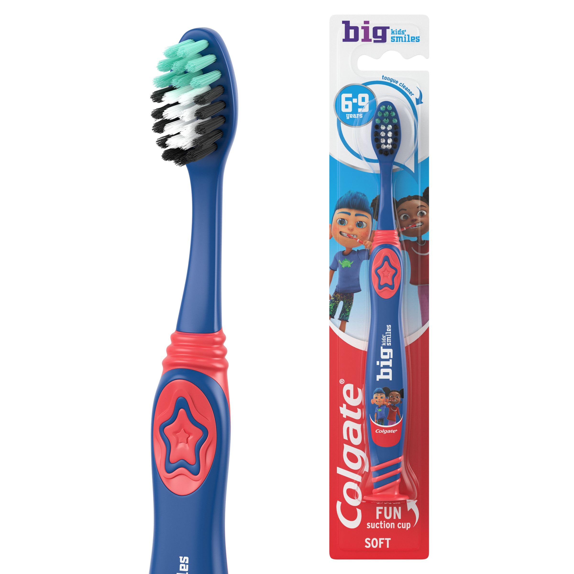 Colgate Kids Toothbrush 6-9 years - multi-height soft bristles clean big and small teeth - rounded tip for easy reach of back teeth - suction cup for upright storage - white bristles toothpaste guide