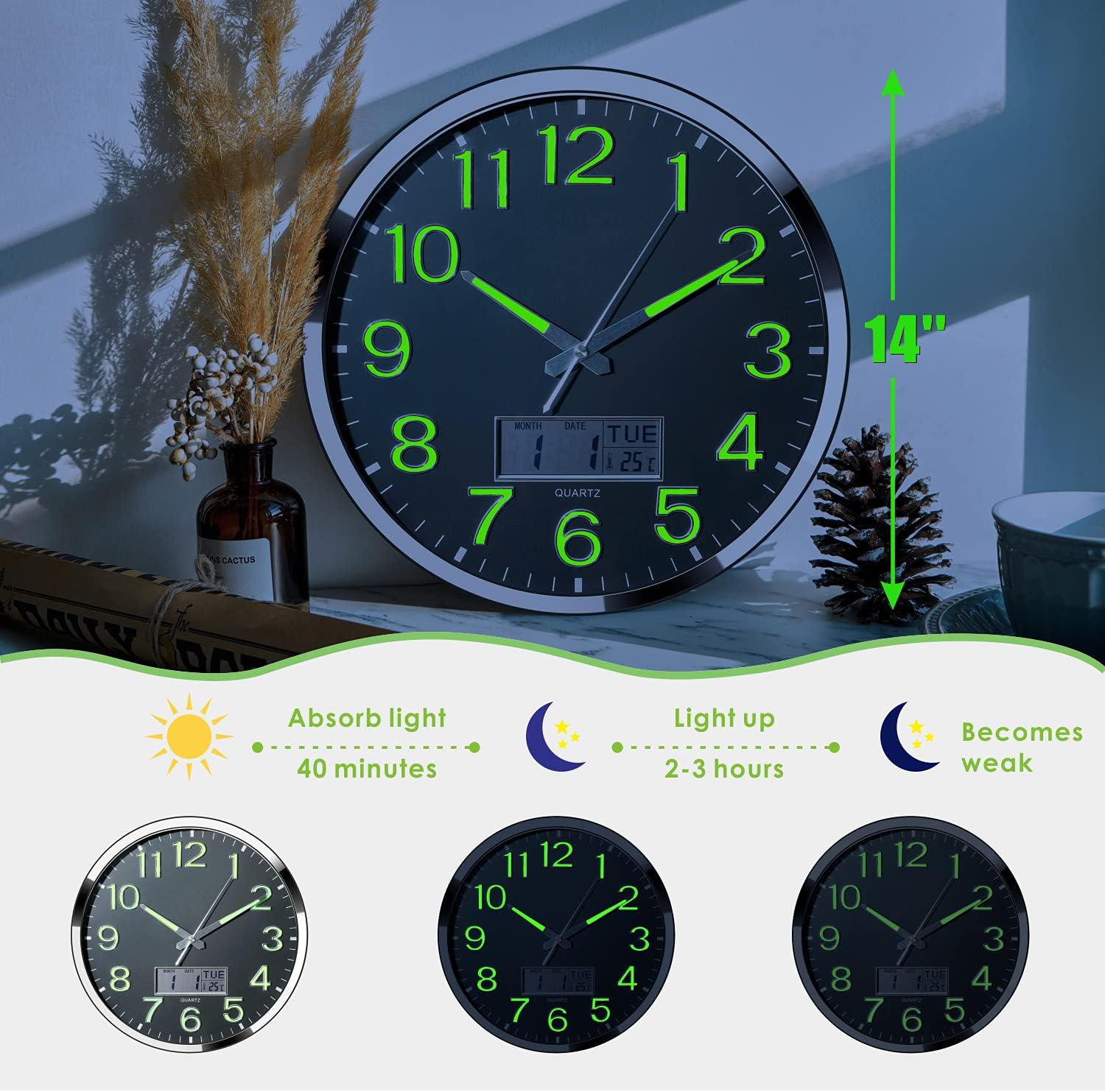 Luminous Wall Clock - 14’’ Extra Large Wall Clocks with Glowing Function LCD Display - Silent Movement for Kitchen Bedroom - Digital Wall Clocks Display Date Week Temp - Battery Operated (Green Light): Kitchen & Dining