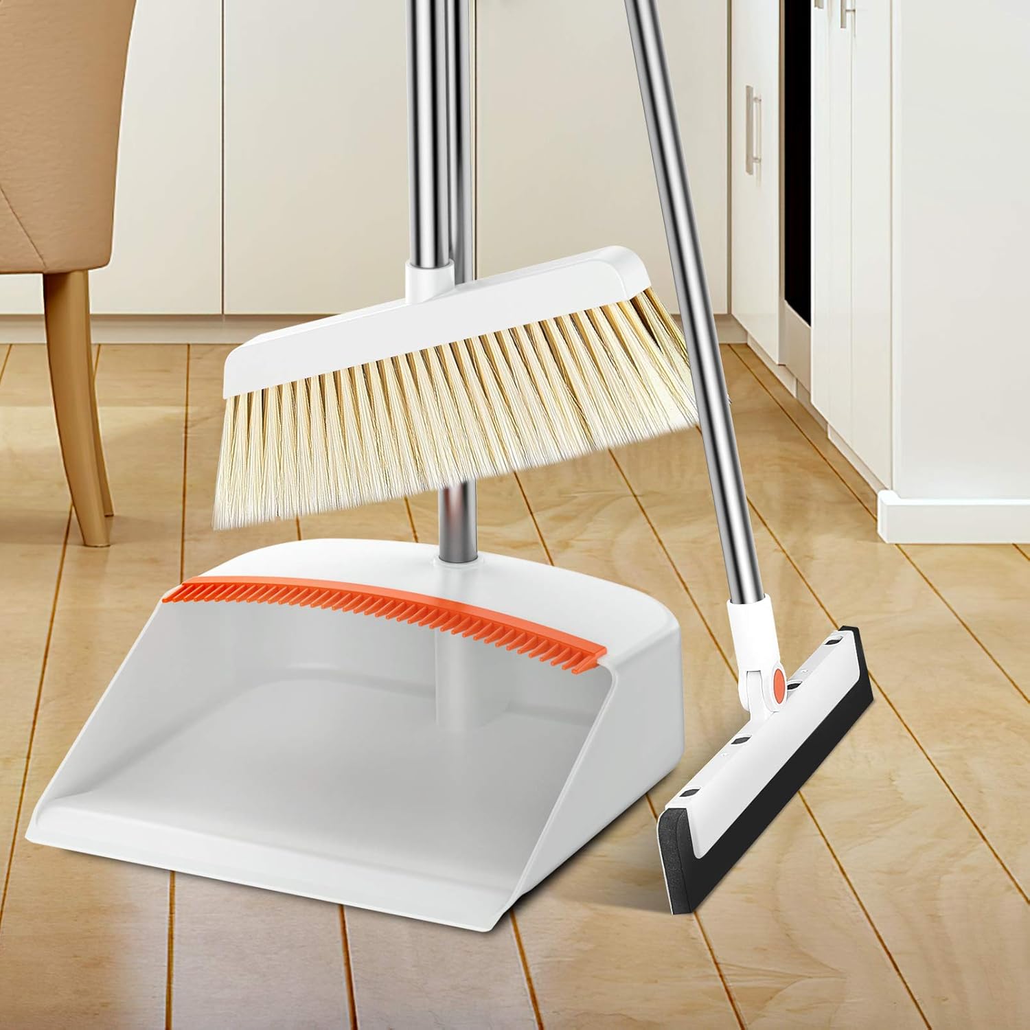 PRETTY SEE Broom and Dustpan, Broom and Dustpan Set with Floor Squeegee , Stainless Steel Long Handle and Lightweight Lobby Broom Combination, Vertical Dustpan, Very Suitable for Home: Garden & Outdoor