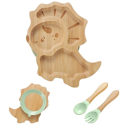 KEESIN Bamboo Children's Dinner Plate Set of 4,Bamboo Baby Weaning Suction Plate,Baby Feeding Set,Including Silicone Spoon and Fork,Suitable for Feeding Babies from 3 Months Onwards (Dinosaur)