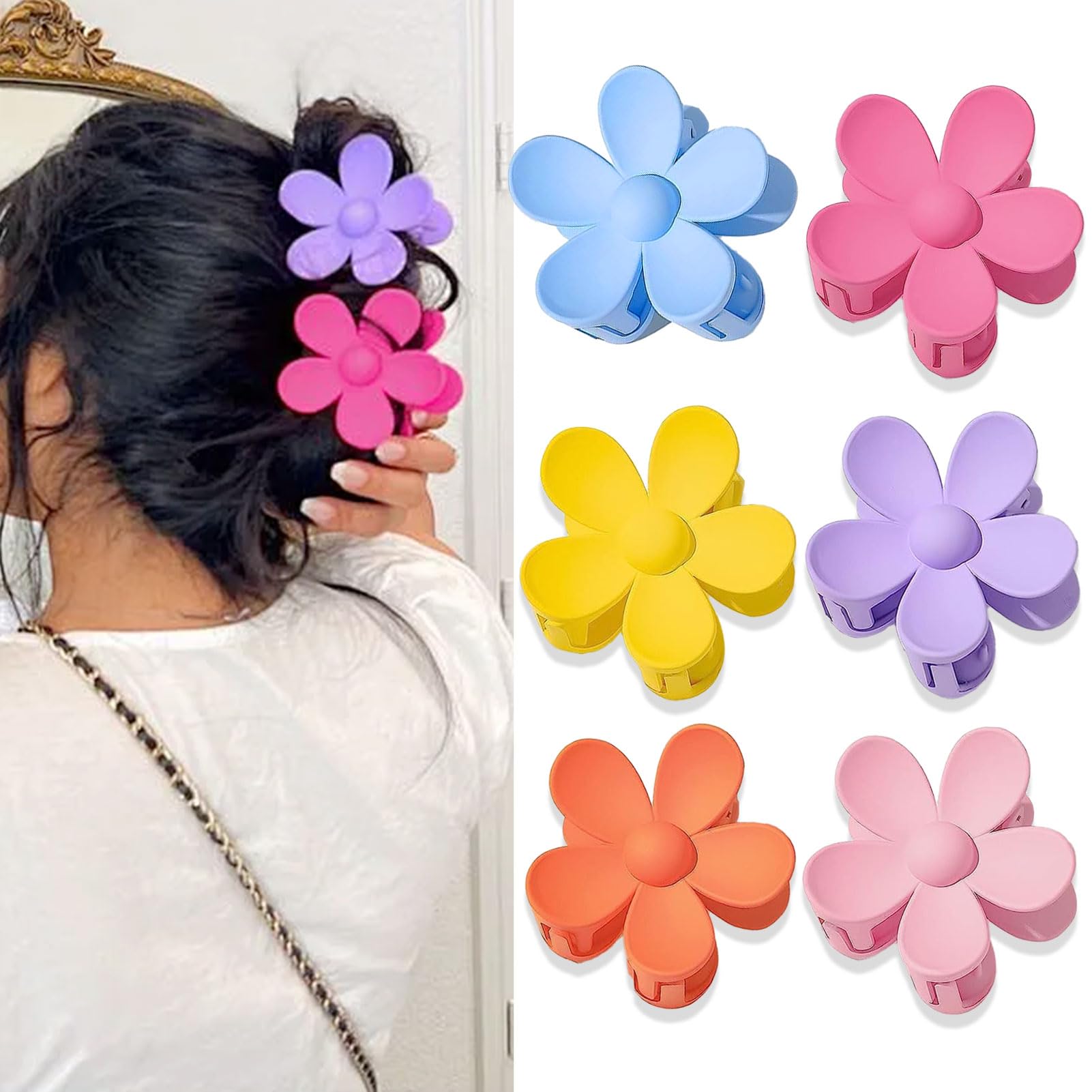 BAISEN 6 pcs Color Flower Hair Clips,3.14″ Large Hawaiian Flower Claw Clip for Women Thin Thick Curly Hair,Strong Non-slip, Beach Vacation hair accessories for Women Girls (Set 4)