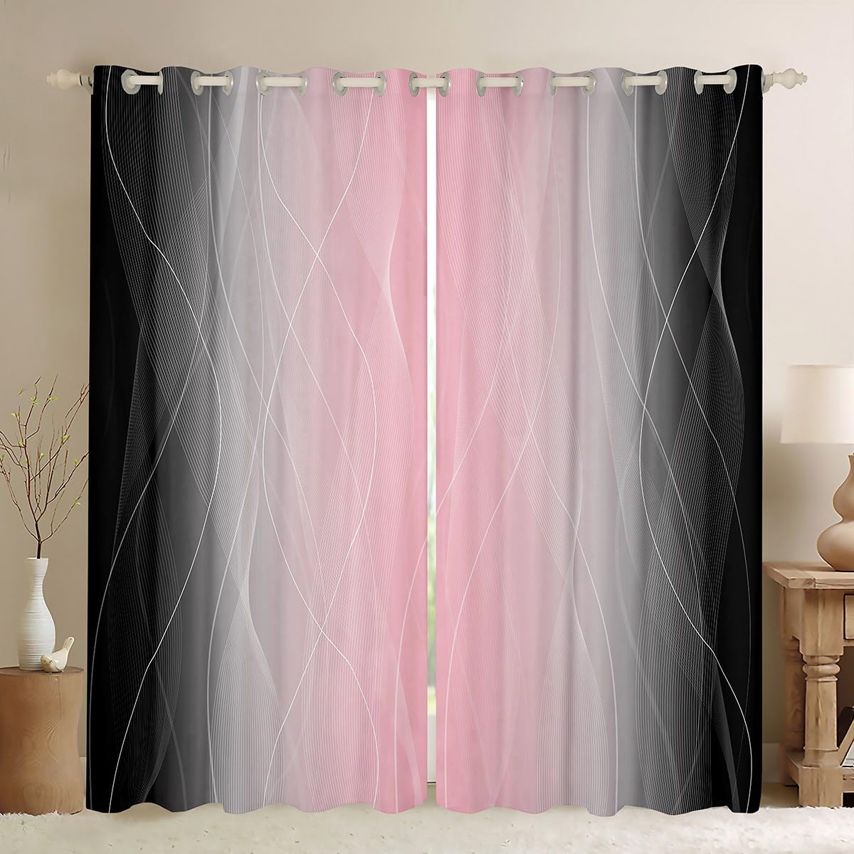 Homemissing Pink and Black Darkening Drapes Strip Lines Curtains for Bedroom Living Room For Kids Women Men Ombre 30%-50% Blackout Curtains Geometric Window Treatments W46*L54
