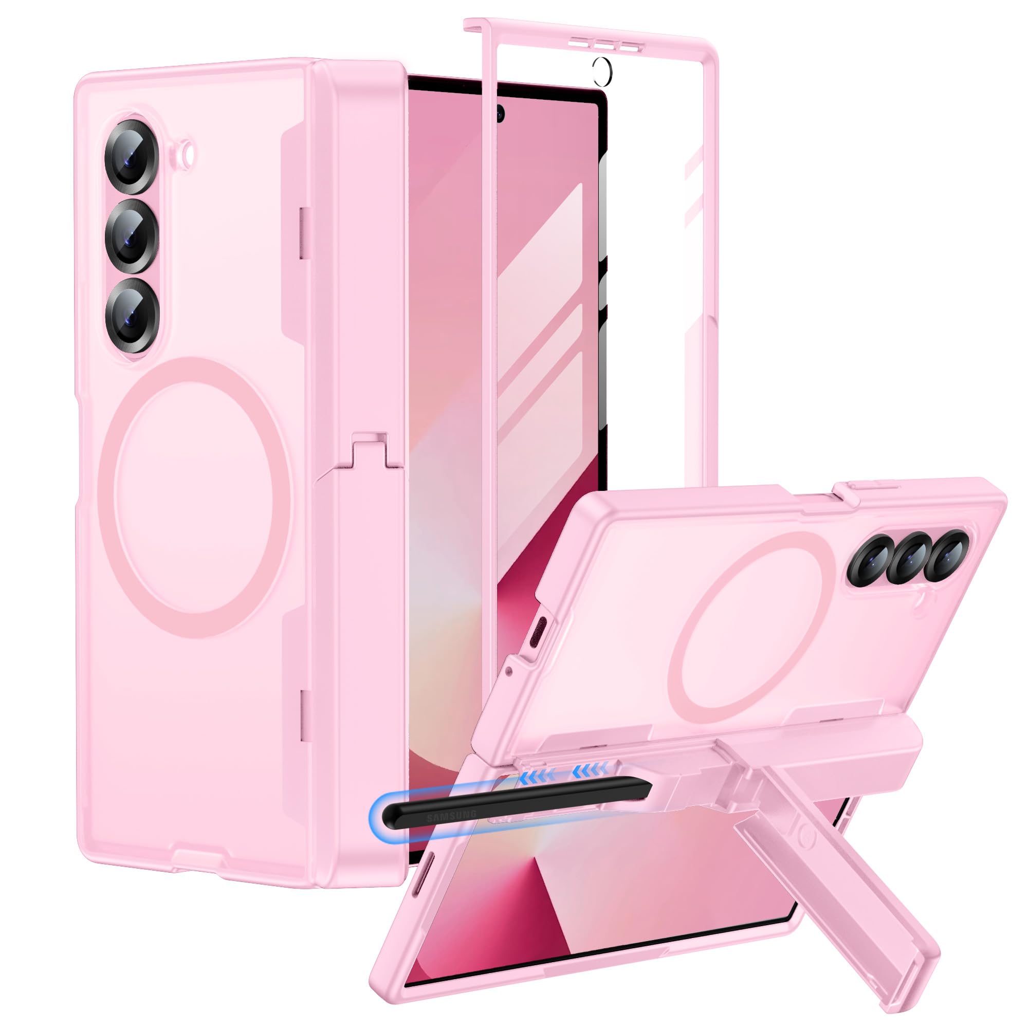 Photo 1 of MAKAVO for Samsung Galaxy Z Fold 6 Case with S Pen Holder, Fit for MagSafe, Built-in Screen Protector, Hinge Cover & Stand, Translucent Matte Full Body Protection Phone Case, Pink