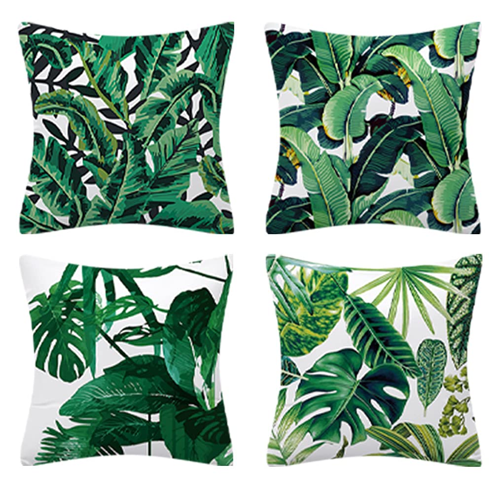 Set of 4 Tropical Leaves Cushion Covers 45X45cm Green Cushion Covers Garden Sofa Throw Pillow Cover Cotton Linen Decorative Pillow Cover for Sofa Outdoor Car Bedroom Home Decor