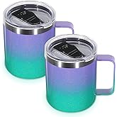 Volhoply 14oz Insulated Stainless Steel Coffee Mug with Lid Bulk 2 Pack,Double Wall Vacuum Travel Coffee Cup with Handle,Reusable Cups Tumbler,Camping Mugs Keep Hot,Ideal Gifts(Purple Green,2)