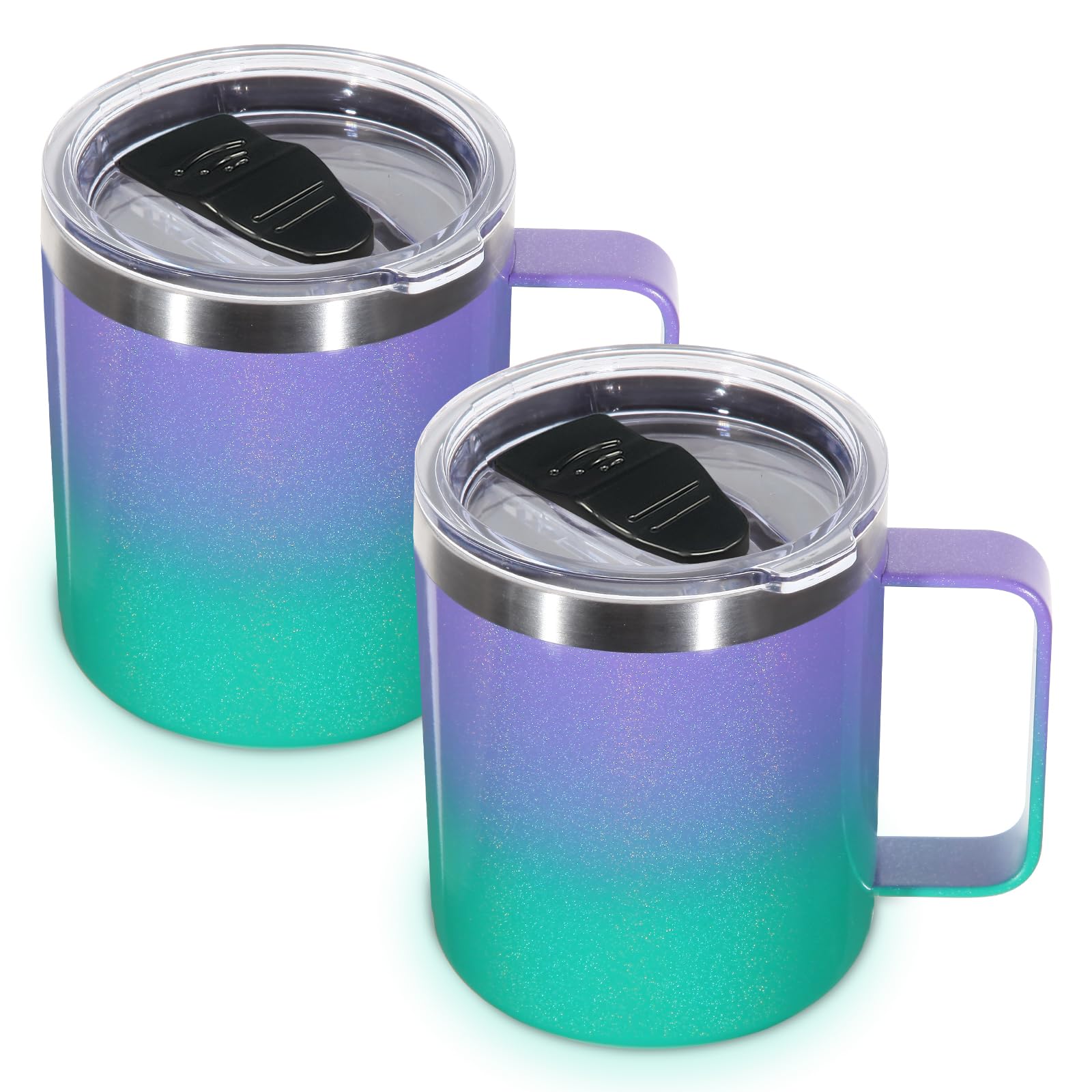 Volhoply 14oz Insulated Stainless Steel Coffee Mug with Lid Bulk 2 Pack,Double Wall Vacuum Travel Coffee Cup with Handle,Reusable Metal Tumbler,Camping Mugs Keep Hot,Christmas Gifts(Purple Green,2)