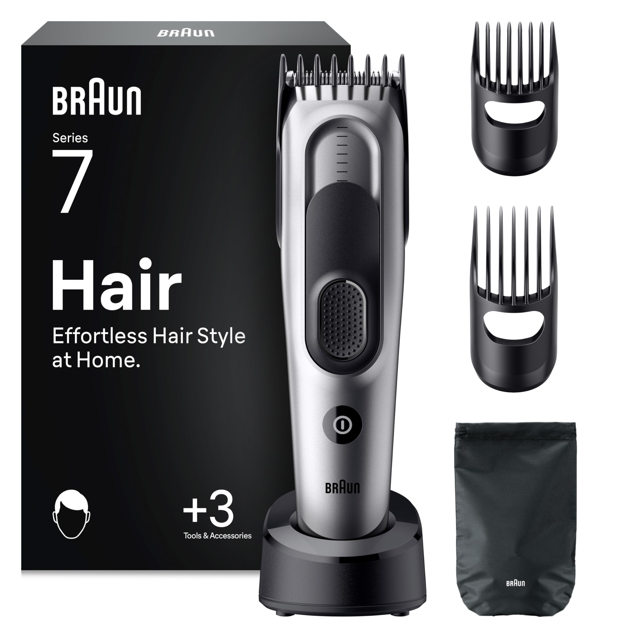 Braun Hair Clipper Series 7, Professional Men's Hair Clippers, 5+ Styling Tools, 17 Lengths, Lifetime Sharp Blade, 50 Min Runtime, Cordless, Washable, HC7590 - Grey