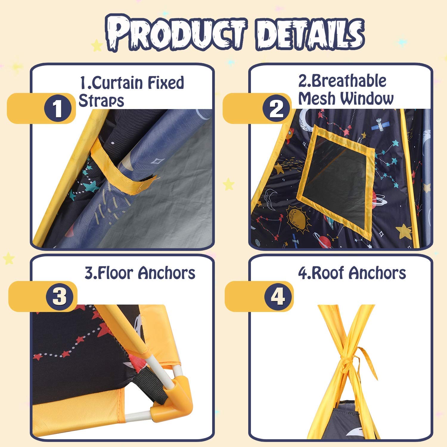 Kids Teepee - 44'x44'x61' Happy Hut Space Play Tent, Indoor/Outdoor Playhouse, Indian-Style Teepee for Boys & Girls