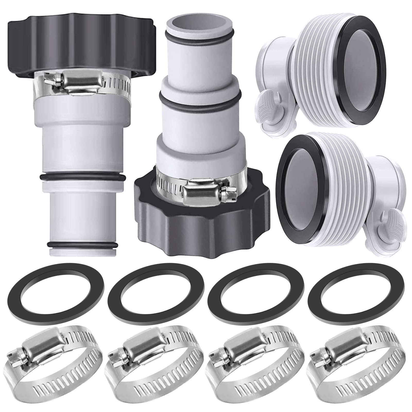 Photo 1 of ***It is used, missing a part, and it is not known if it works 100%.****4 Pack Pool Hose Adapter Kit 2 Types Conversion Connector Replacement for 1.25" to 1.5" Hose with Clamp Washer Compatible with Intex Threaded Filter Pump Above Ground Pool Accessories