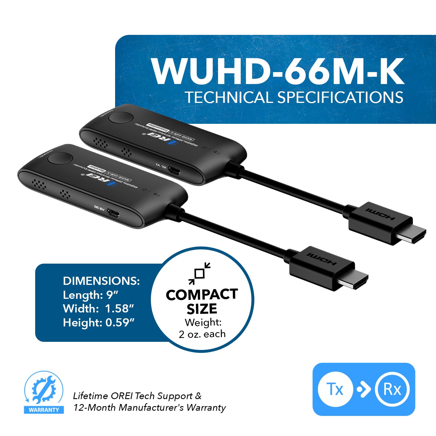 OREI Wireless HDMI Extender Transmitter & Receiver Dongle UtraHD 5.1-5.2 Ghz Up to 4K @ 60Hz - Upto 60 Feet - Perfect for Streaming from Laptop, PC, Cable, Netflix, YouTube, PS4 to HDTV/Projector