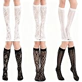 Xthrotsenk 6 Pairs Knee High Stockings for Women Socks Knee High Lace White Black Sock Women Lace Socks for Boots, Short Skirt, Shoes (Black, White)