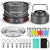 Odoland 22pcs Camping Cookware Mess Kit, Large Size Hanging Pot Pan Kettle with Base Cook Set for 4, Cups Dishes Forks Spoons Kit for Outdoor Camping Hiking Picnic
