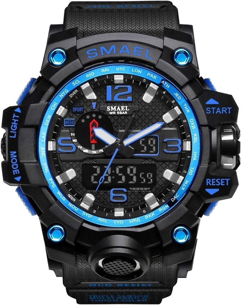 SMAEL Mens Digital Sports Watch Large Face Military Watches Electronic Waterproof Casual LED Stopwatch Alarm Digital Analog Dual Time Outdoor Army Wristwatch