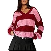 SHENHE Women's Oversized Striped Sweater V Neck Long Sleeve Preppy Cable Knit Pullover