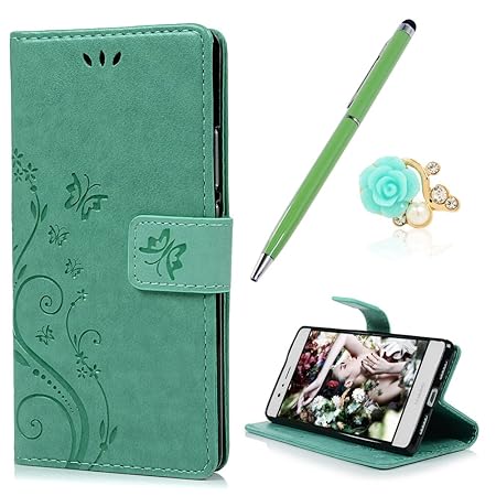YOKIRIN P9 Lite Hülle,Huawei P9 Lite 5,2 Zoll Handyhülle Mintgrün PU Leder Tasche Schutzhülle Handytasche Blumen Schmetterlin