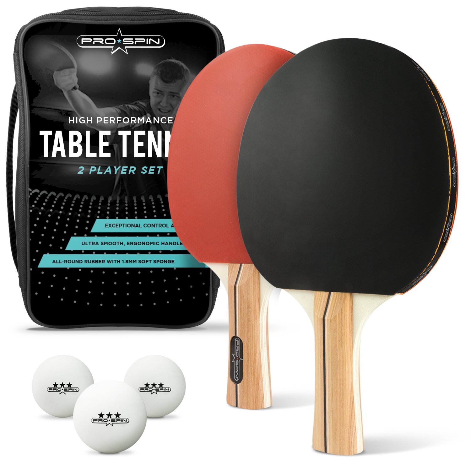 PRO SPIN Ping Pong Paddle Set Includes 2 Performance Paddles/Rackets, 3 White