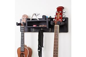 MIRIO Black Double Guitar Wall Mount with Shelf & 2 Holders, Guitar/Ukelele Hangers with 2 Layered Shelf and Pick Holder for Wall Mount
