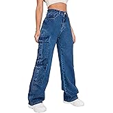 Flvsun Women's High Waist Baggy Cargo Jeans Flap Pocket Y2K Streetwear Wide Leg Denim Pants