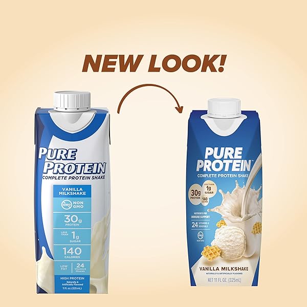PURE PROTEIN VANILLA PROTEIN SHAKE, 30G COMPLETE PROTEIN, VITAMINS A, C, D, AND E PLUS ZINC TO SUPPORT IMMUNE HEALTH, READY TO DRINK AND KETO-FRIENDLY, 11OZ BOTTLES, 12 PACK