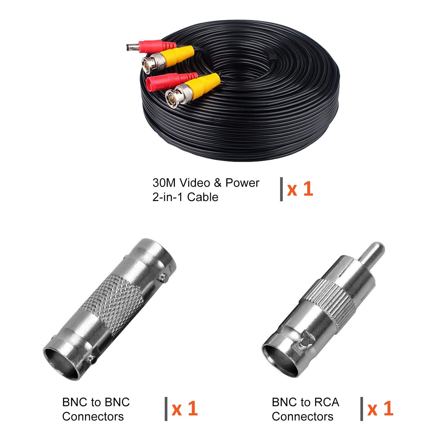 LONNKY 100ft 30M BNC Cable Security Camera Wire Cord with BNC Connectors and RCA Adapters Video Power Cable for CCTV Camera Surveillance Kit and Security Camera System,Black