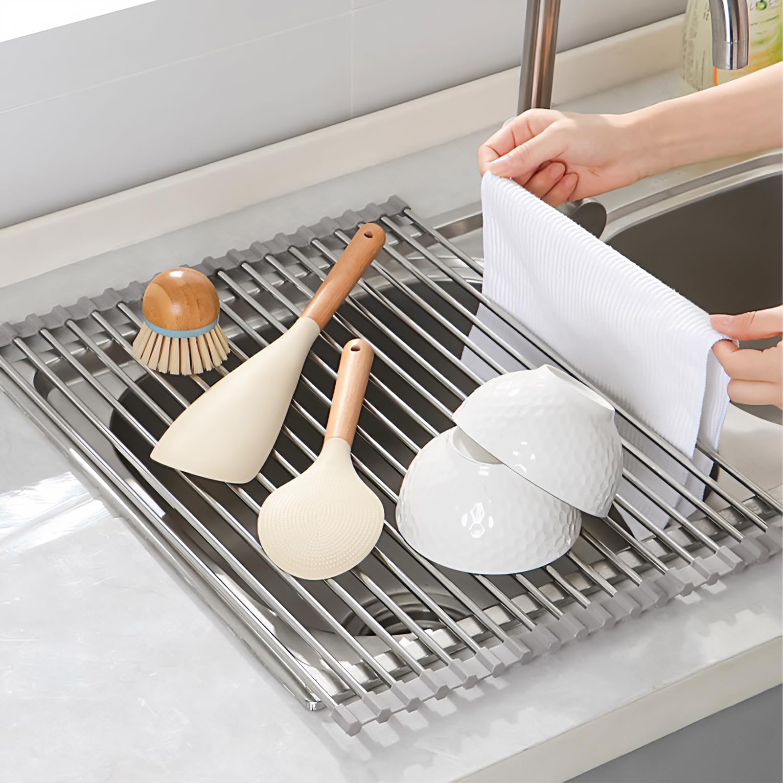 Laphontab Dish Drainer Rack, Stainless Steel Over Sink Drainer Rack, Foldable and Removable Drying Mat for Board, Fruit, Vegetables. Kitchen Organiser & Accessories for Sponge Holder.(Grey 43 * 35)