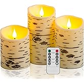 QQFCTOO Flameless Birch Bark Candles Flashing Battery Operated Candles LED Pillar Candles with Remote Control and Timer Set of 3